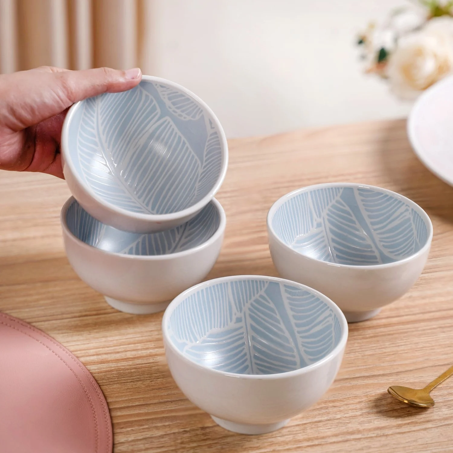 Tropica Baby Blue Printed Ceramic Snack Bowl Set Of 4 325ml - Image 3