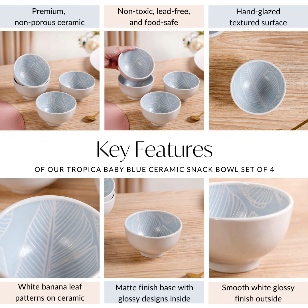 Tropica Baby Blue Printed Ceramic Snack Bowl Set Of 4 325ml - Image 6