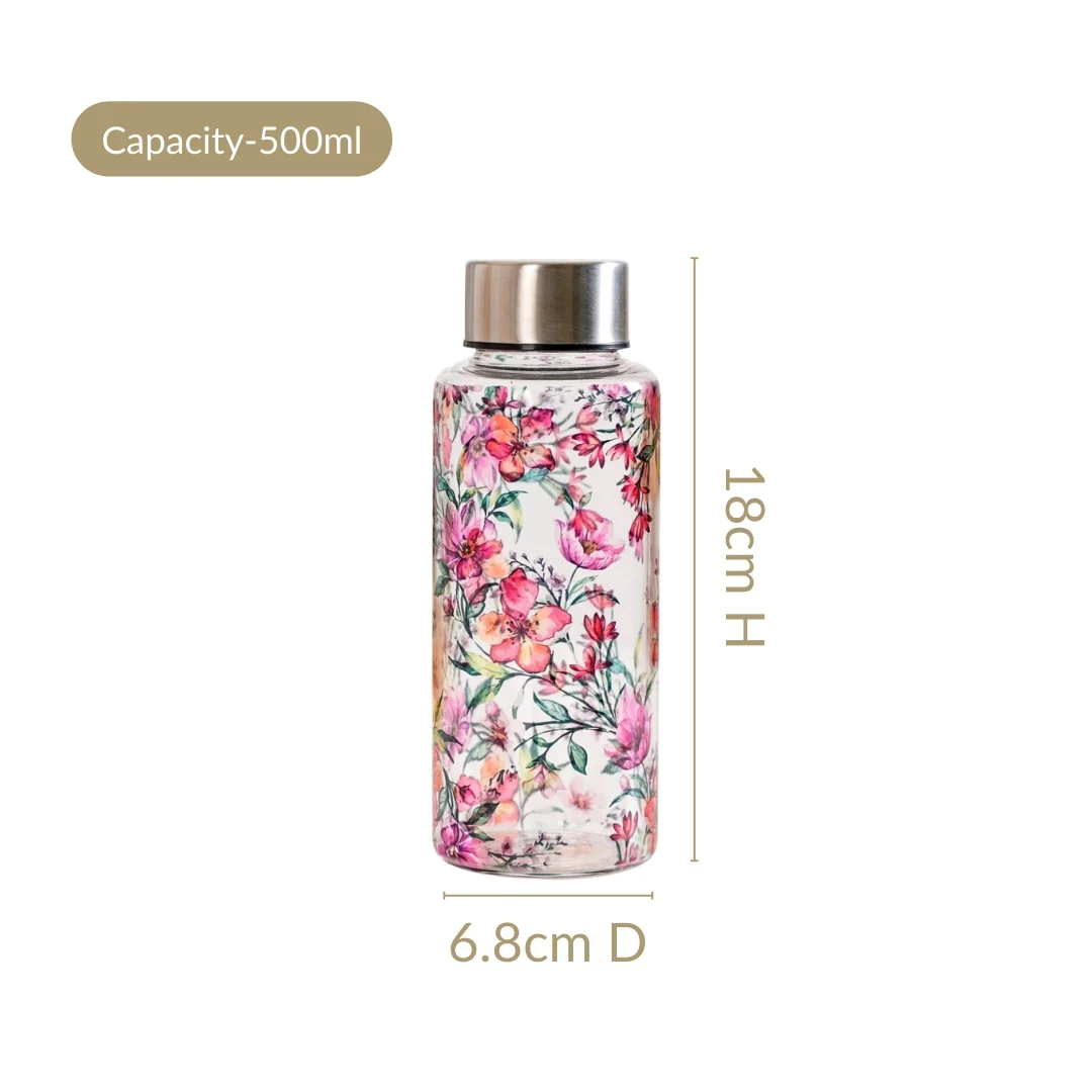 Tropical Hibiscus Borosilicate Glass Water Bottle With Stainless Steel Lid 500ml - Image 4