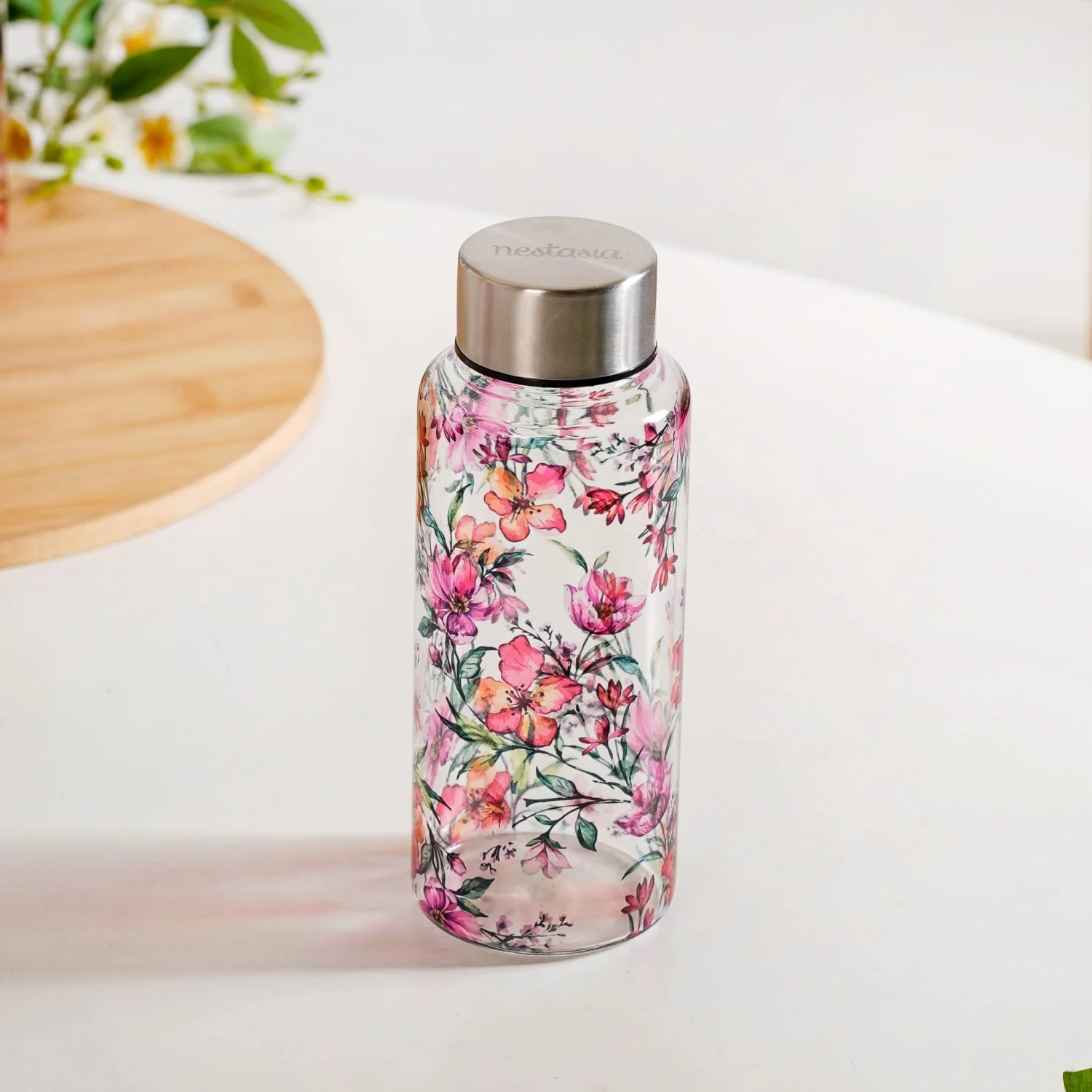 Tropical Hibiscus Borosilicate Glass Water Bottle With Stainless Steel Lid 500ml - Image 6
