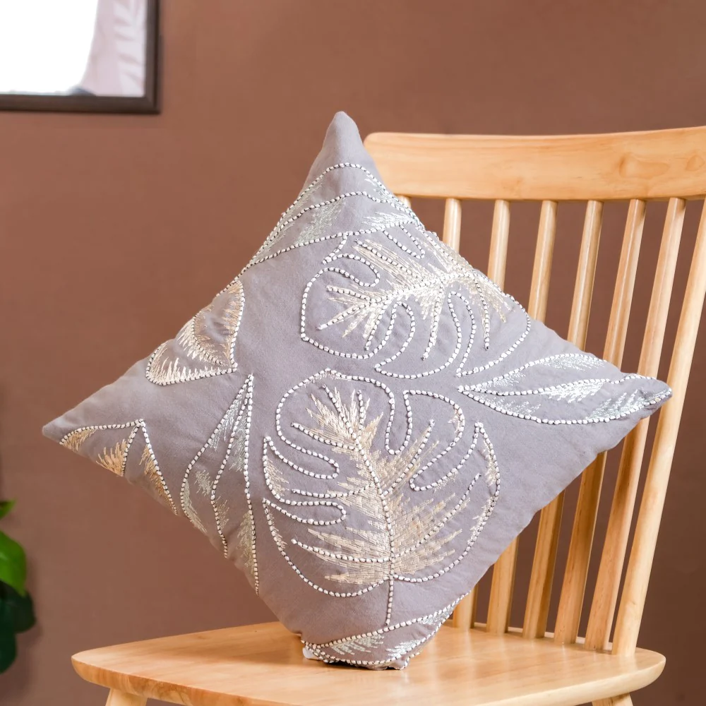 Tropical Leaves Embroidered Cushion Cover 15x15 Inch - Image 2