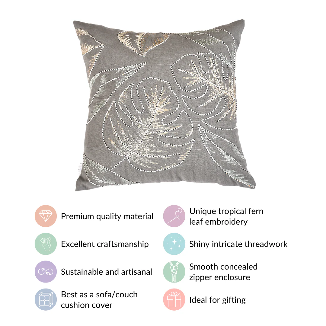 Tropical Leaves Embroidered Cushion Cover 15x15 Inch - Image 4