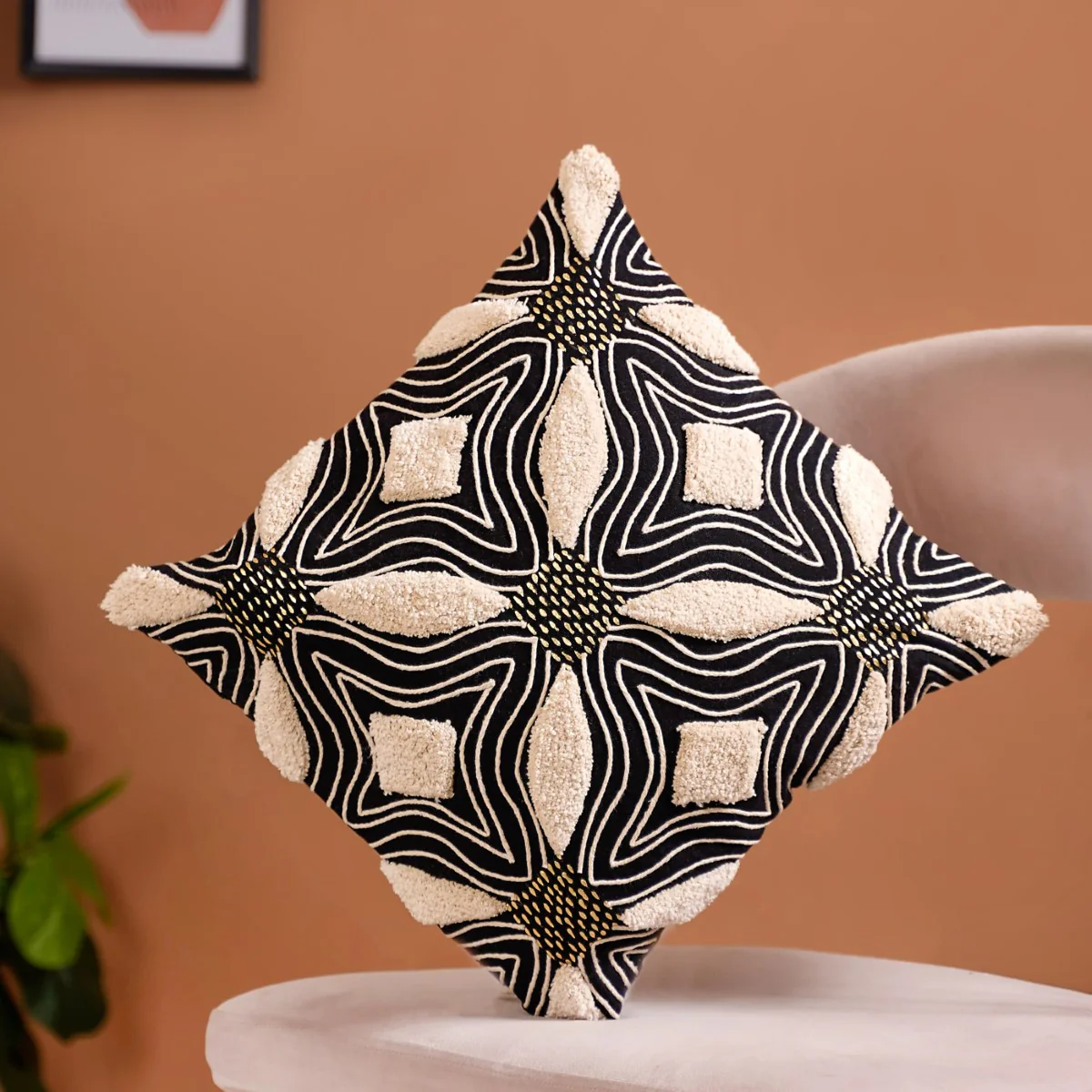 Tufted Black And White Pattern Cushion Cover 15x15 Inch - Image 3