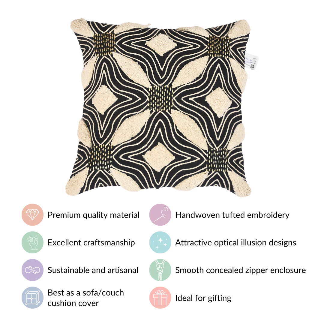 Tufted Black And White Pattern Cushion Cover 15x15 Inch - Image 4