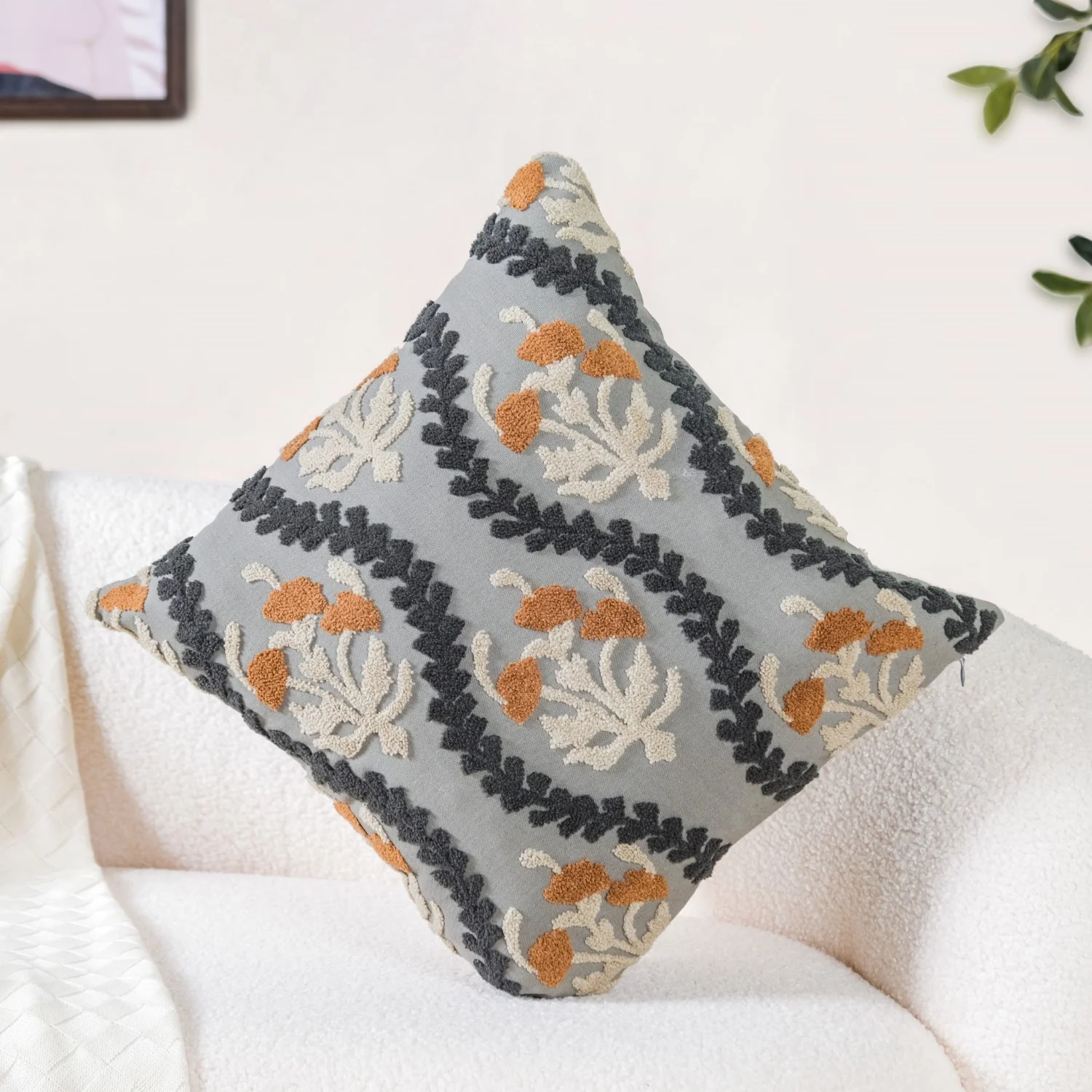 Tufted Embroidery Botanical Linen Cushion Cover 16x16 Inch - Image 2