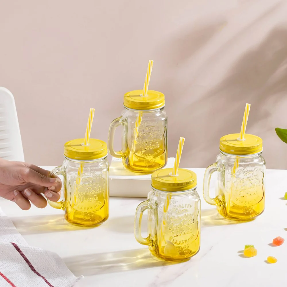 Tutti Frutti Glass Jar Yellow with Lid and Straw Set of 4 - Image 2