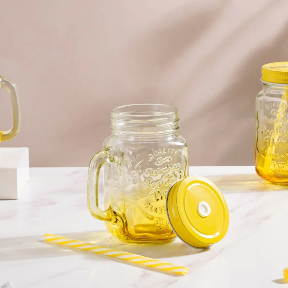 Tutti Frutti Glass Jar Yellow with Lid and Straw Set of 4 - Image 3