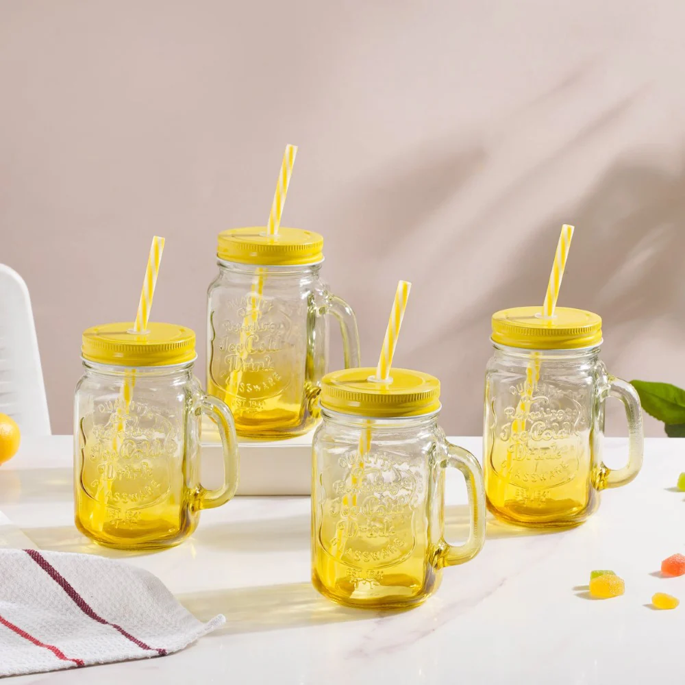 Tutti Frutti Glass Jar Yellow with Lid and Straw Set of 4 - Image 4