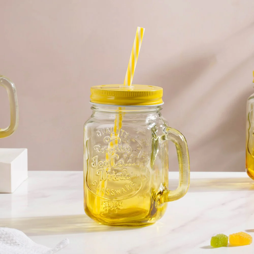 Tutti Frutti Glass Jar Yellow with Lid and Straw Set of 4 - Image 7