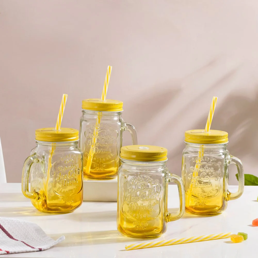 Tutti Frutti Glass Jar Yellow with Lid and Straw Set of 4 - Image 9
