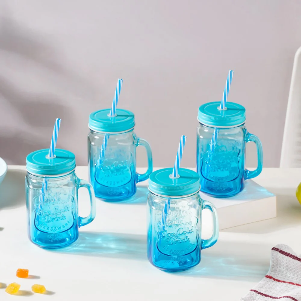 Tutti Frutti Set of 4 Glass Mug Blue with Lid and Straw 400ml - Image 5