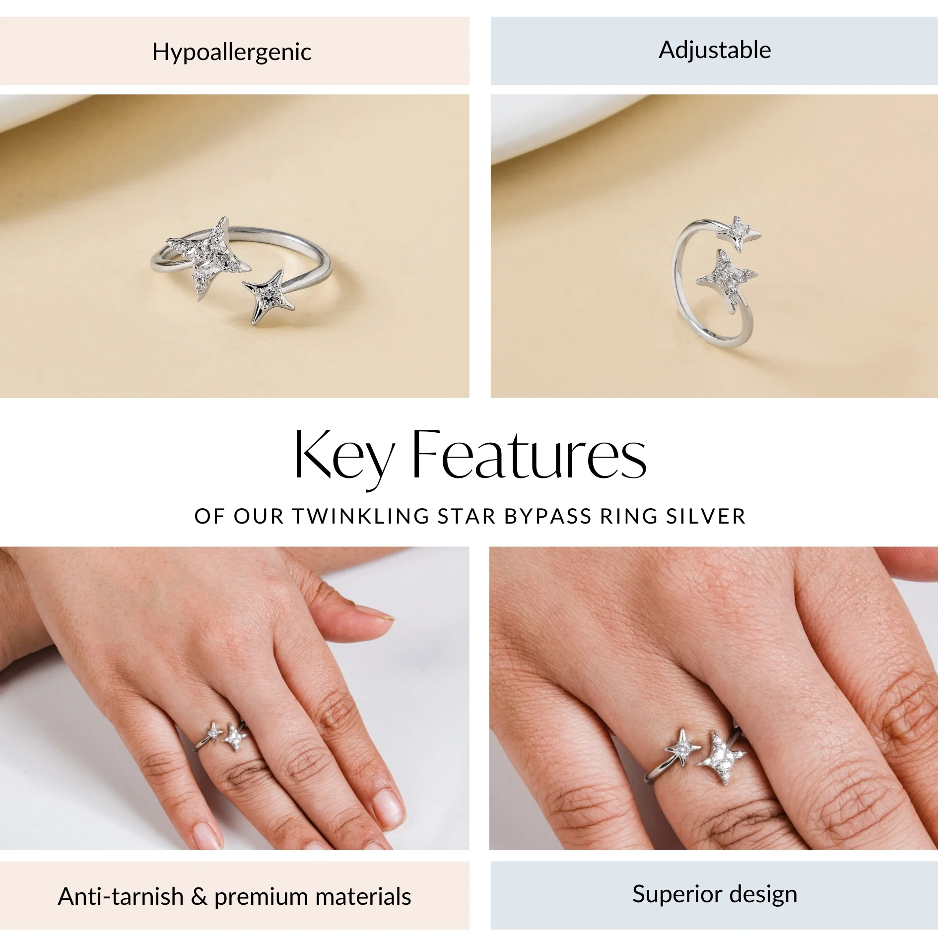 Twinkling Star Bypass Ring Silver - Image 4