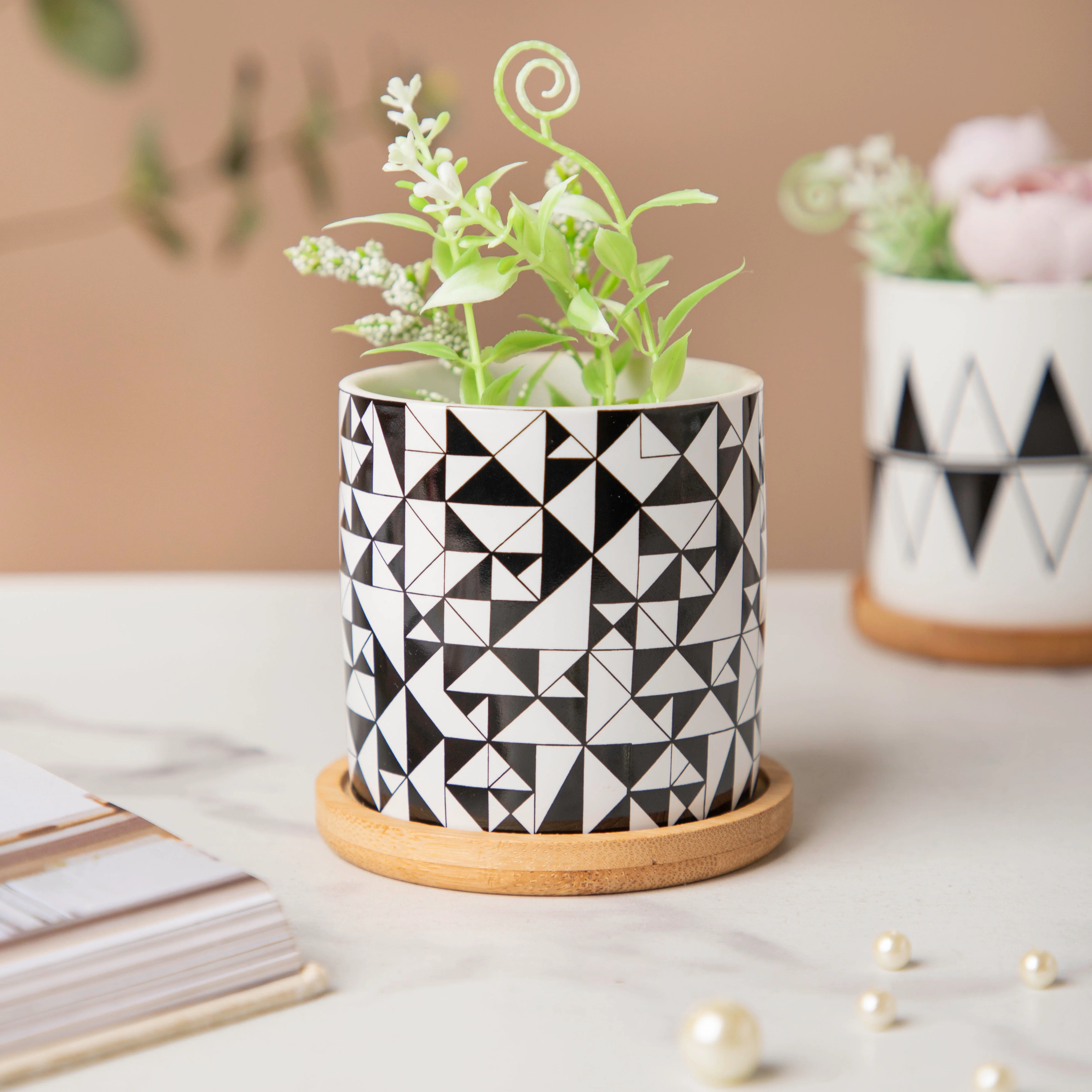 Twyla Black White Heaven Planter With Wooden Coaster - Image 3
