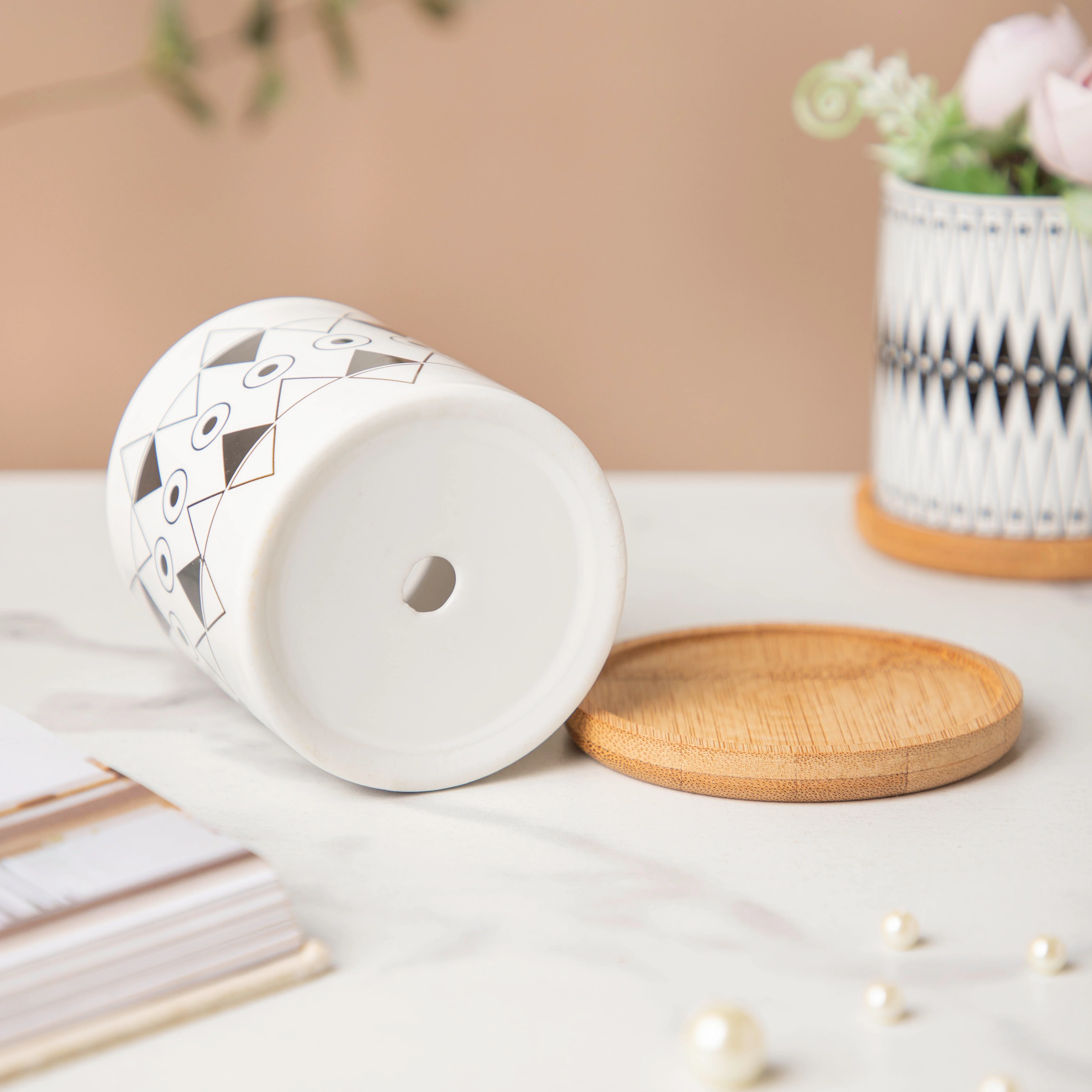Twyla Enchanting Black White Planter With Wooden Coaster - Image 4
