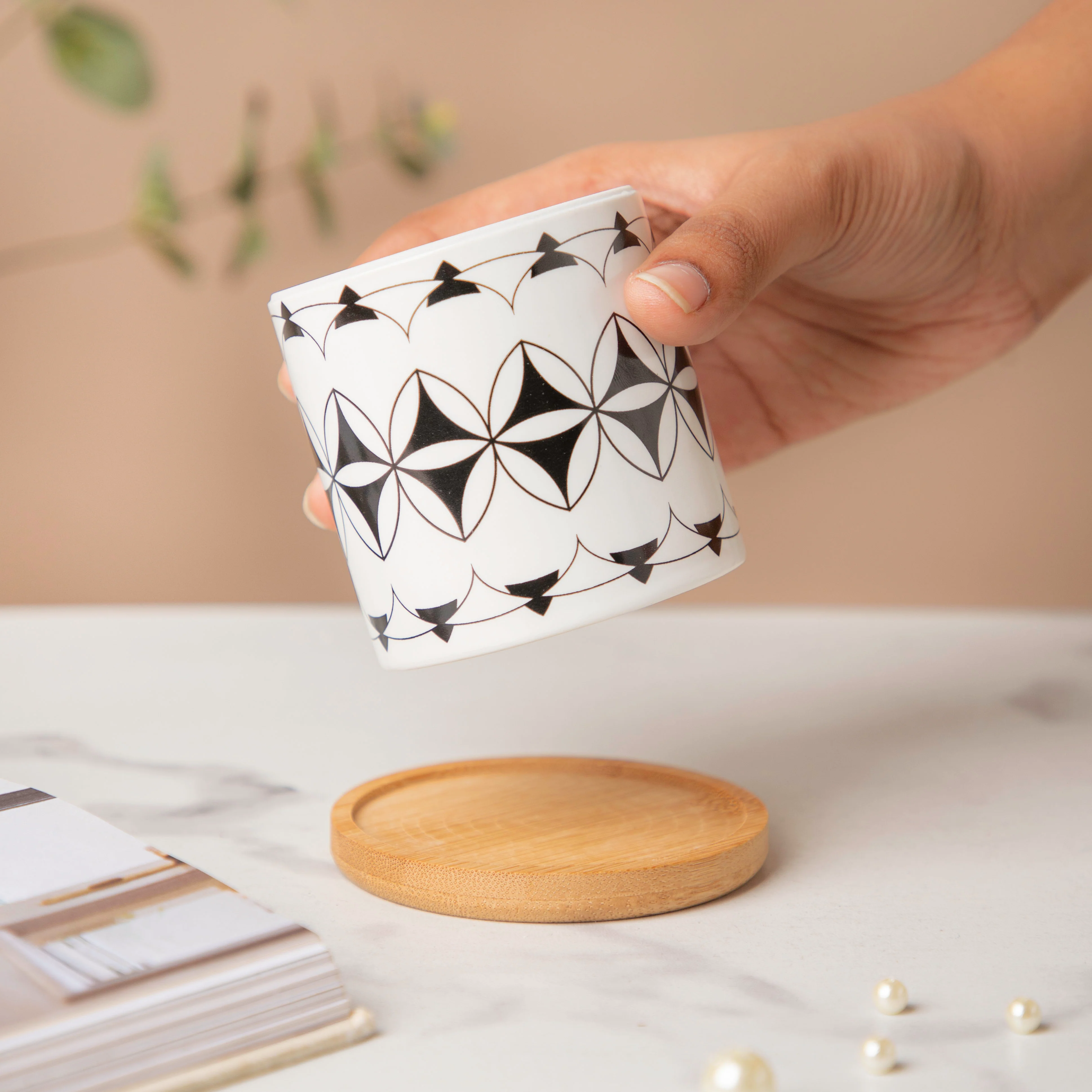 Twyla Magic Black White Planter With Wooden Coaster - Image 2