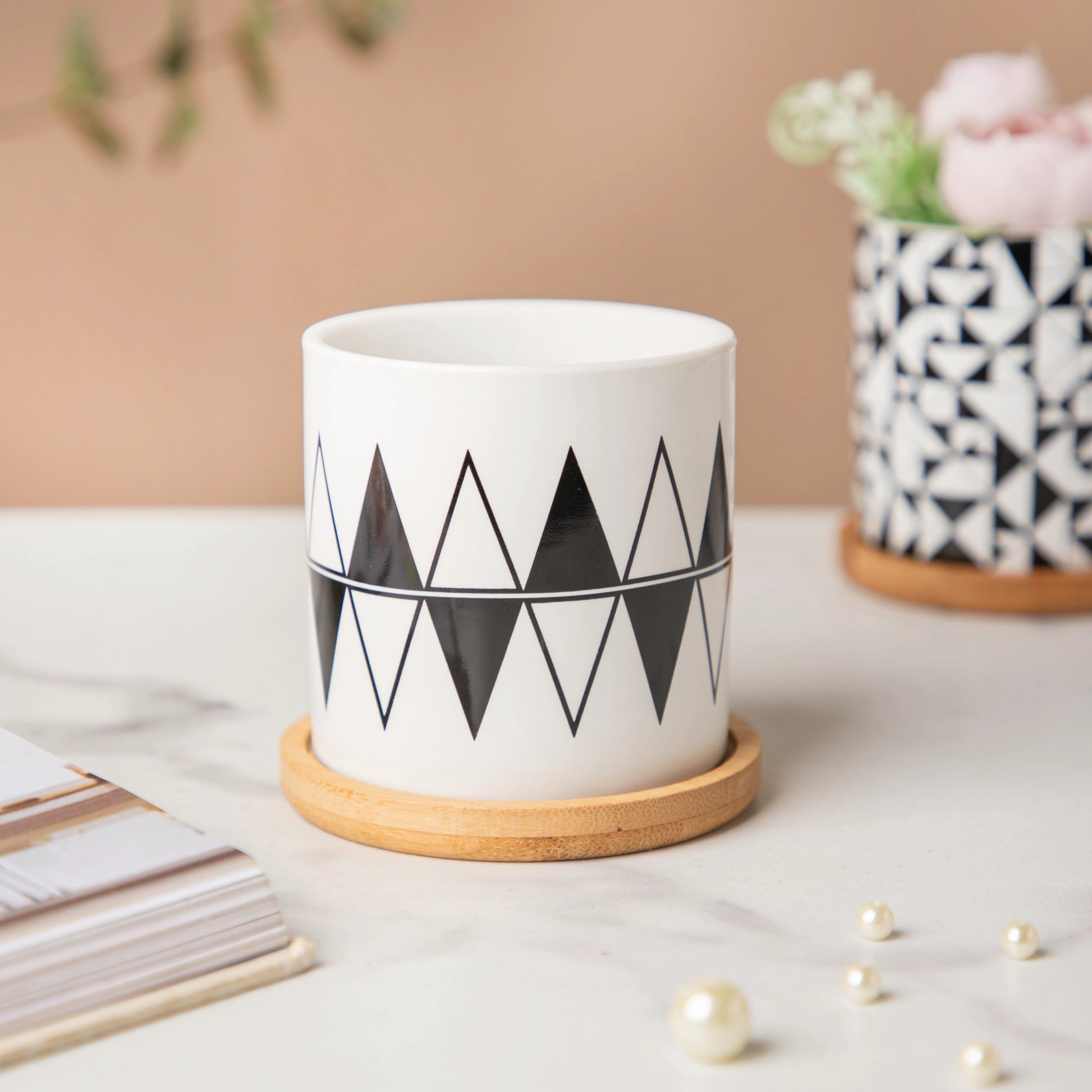 Twyla Triangle Black White Planter With Wooden Coaster - Image 4