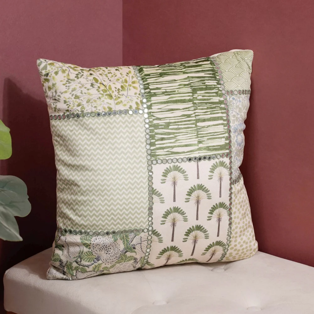 Valencia Mirrorwork Velvet Cushion Cover Green 16 x 16 Inch - Image 3
