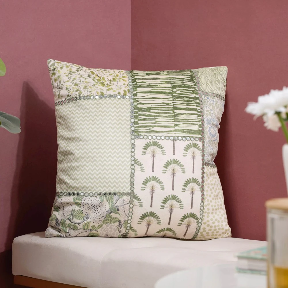 Valencia Mirrorwork Velvet Cushion Cover Green 16 x 16 Inch - Image 5