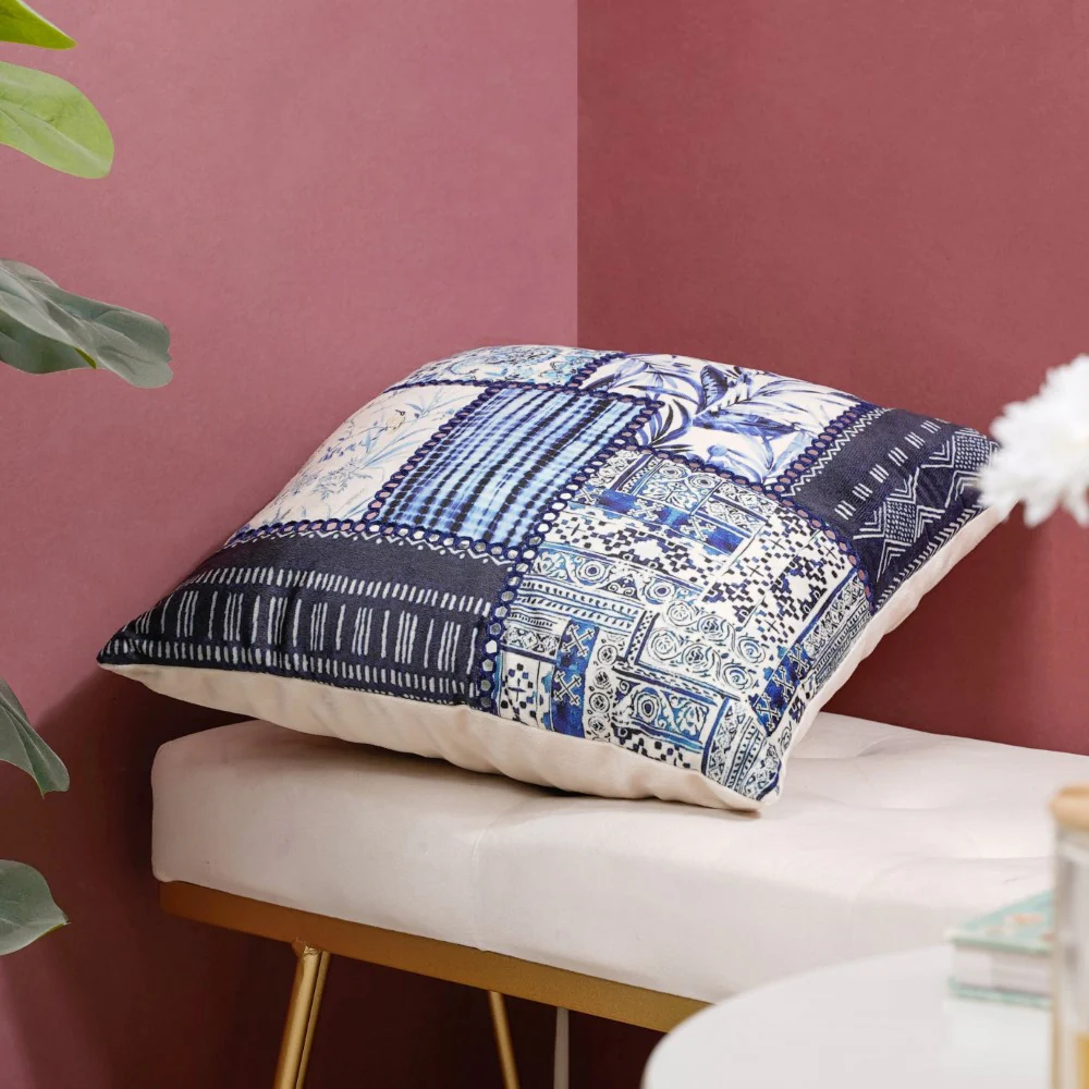 Valencia Patchwork Mirrorwork Cushion Cover Blue 16 x 16 Inch - Image 3