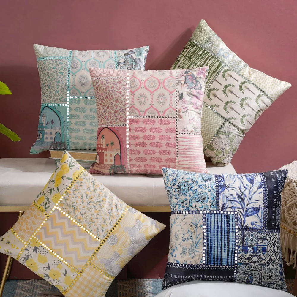 Valencia Patchwork Mirrorwork Cushion Cover Blue 16 x 16 Inch - Image 9