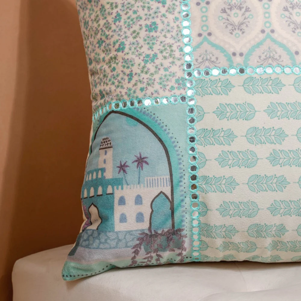 Valencia Turquoise Velvet Patchwork Cushion Cover 16 x 16 Inch - Image 4