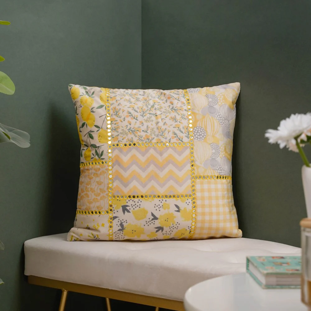 Valencia Velvet Mirrorwork Cushion Cover Yellow 16 x 16 Inch - Image 2