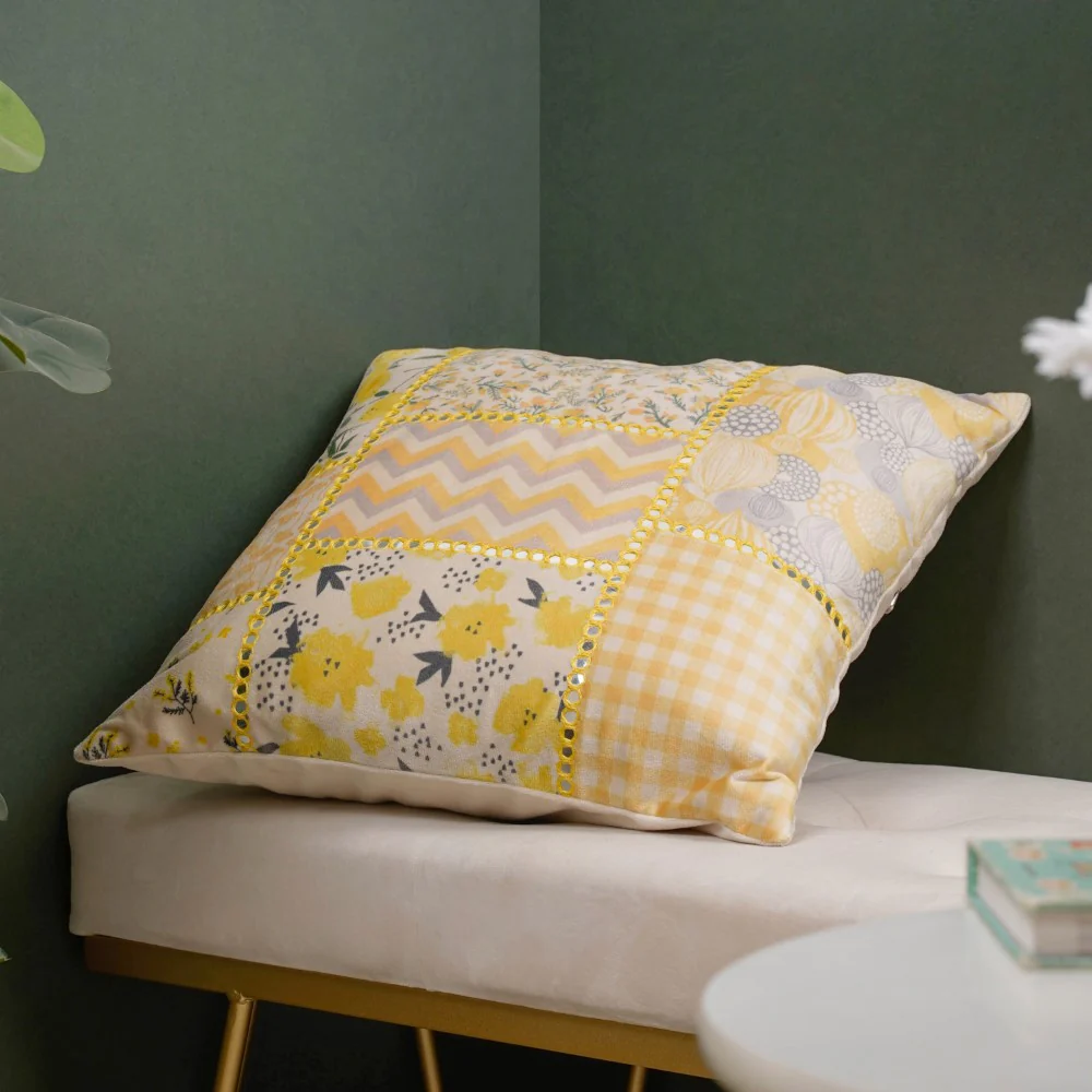 Valencia Velvet Mirrorwork Cushion Cover Yellow 16 x 16 Inch - Image 4