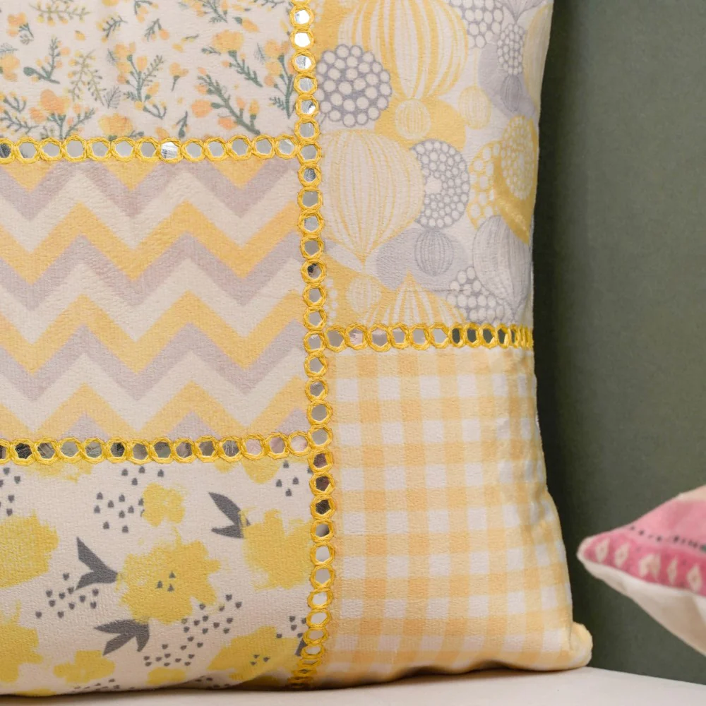 Valencia Velvet Mirrorwork Cushion Cover Yellow 16 x 16 Inch - Image 6