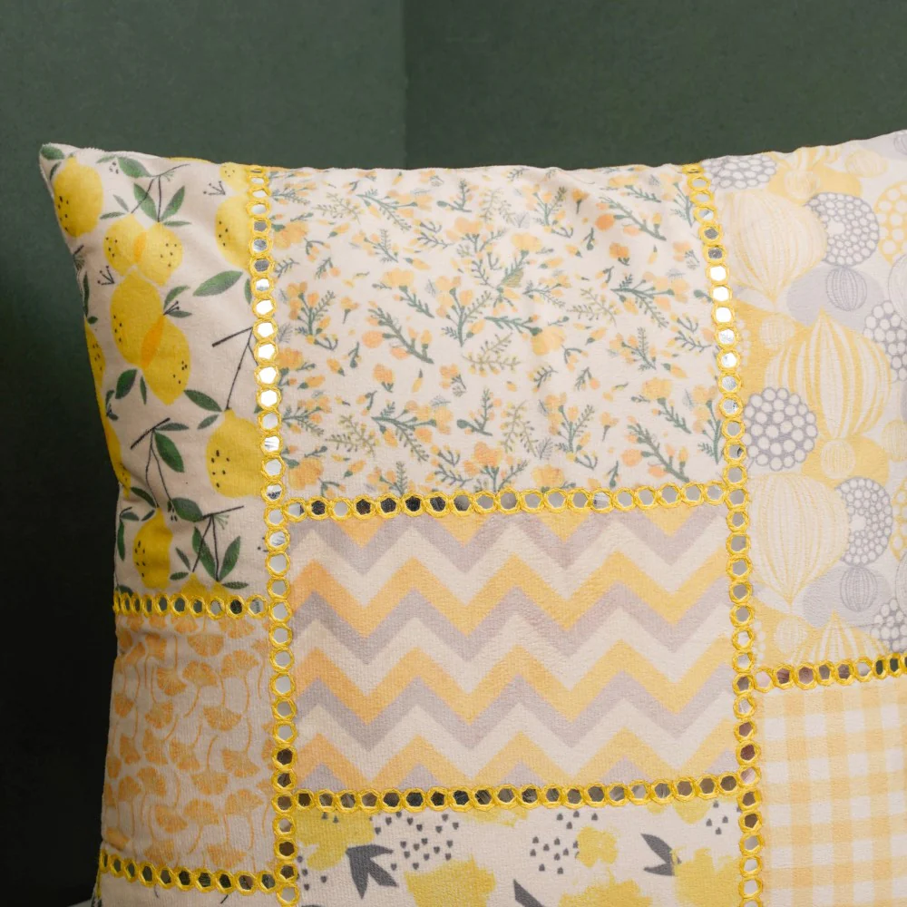 Valencia Velvet Mirrorwork Cushion Cover Yellow 16 x 16 Inch - Image 7