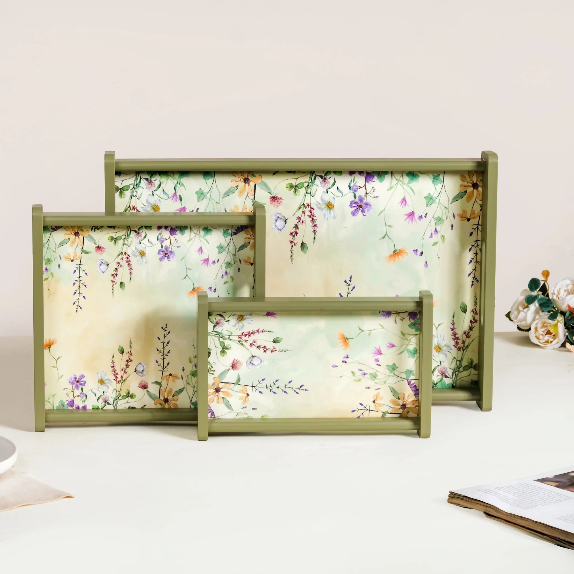 Valley Of Flowers Wooden Serving Tray Set Of 3 - Image 10