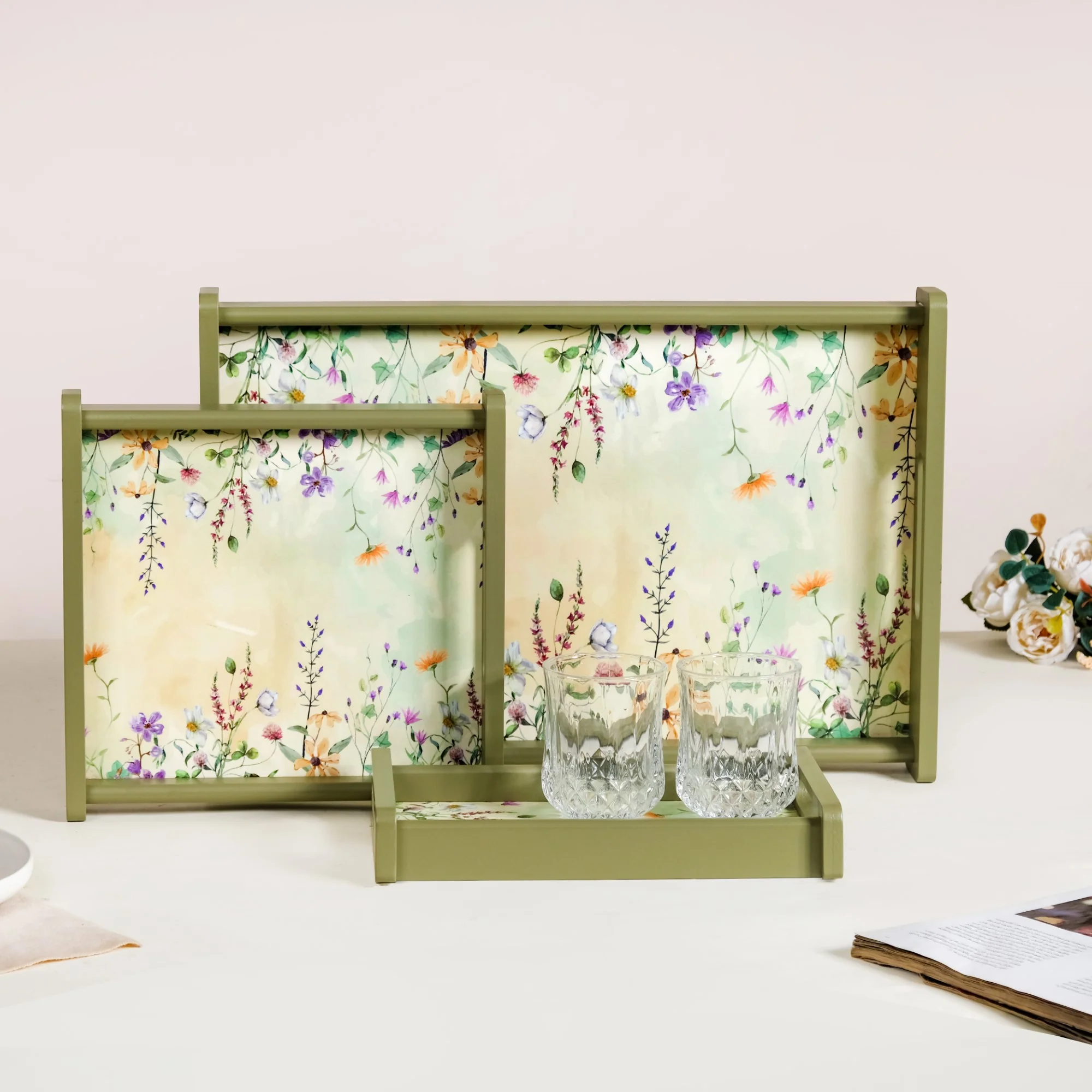 Valley Of Flowers Wooden Serving Tray Set Of 3 - Image 11