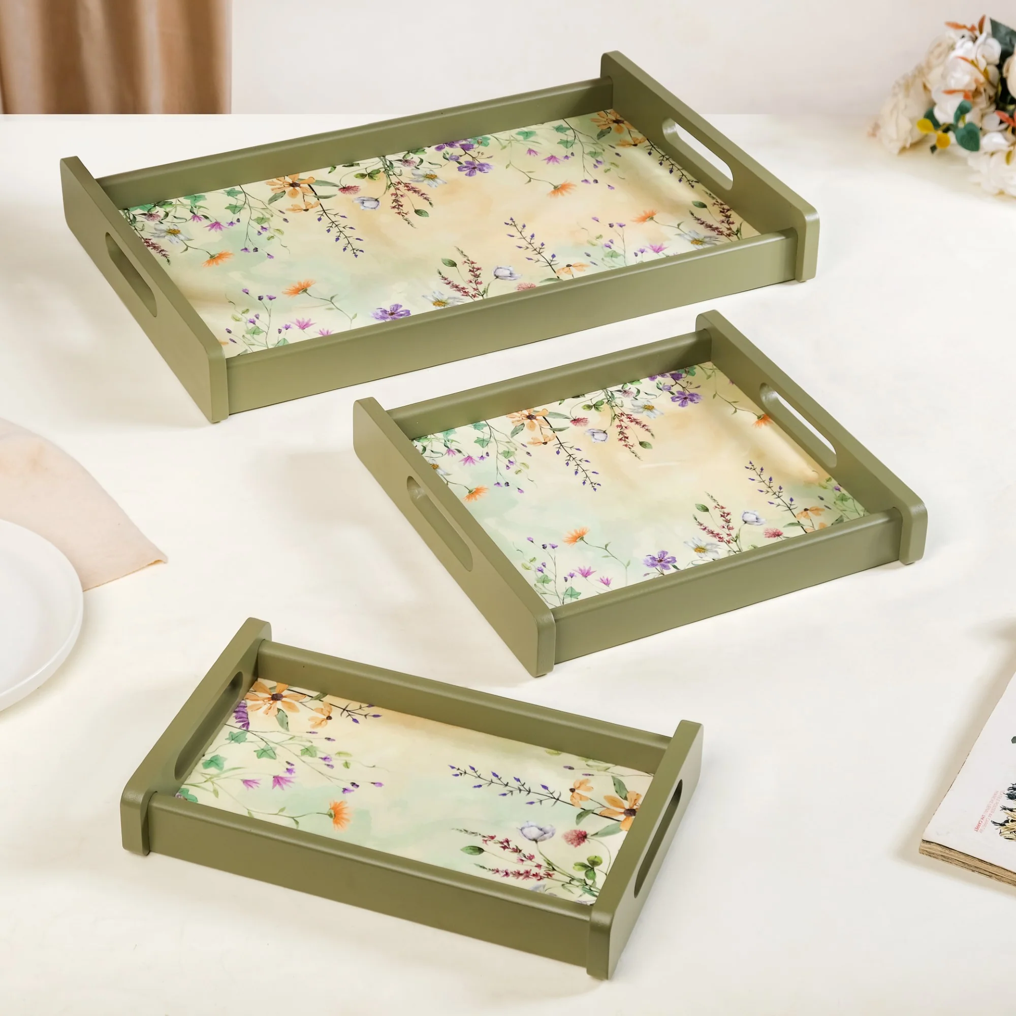 Valley Of Flowers Wooden Serving Tray Set Of 3 - Image 12