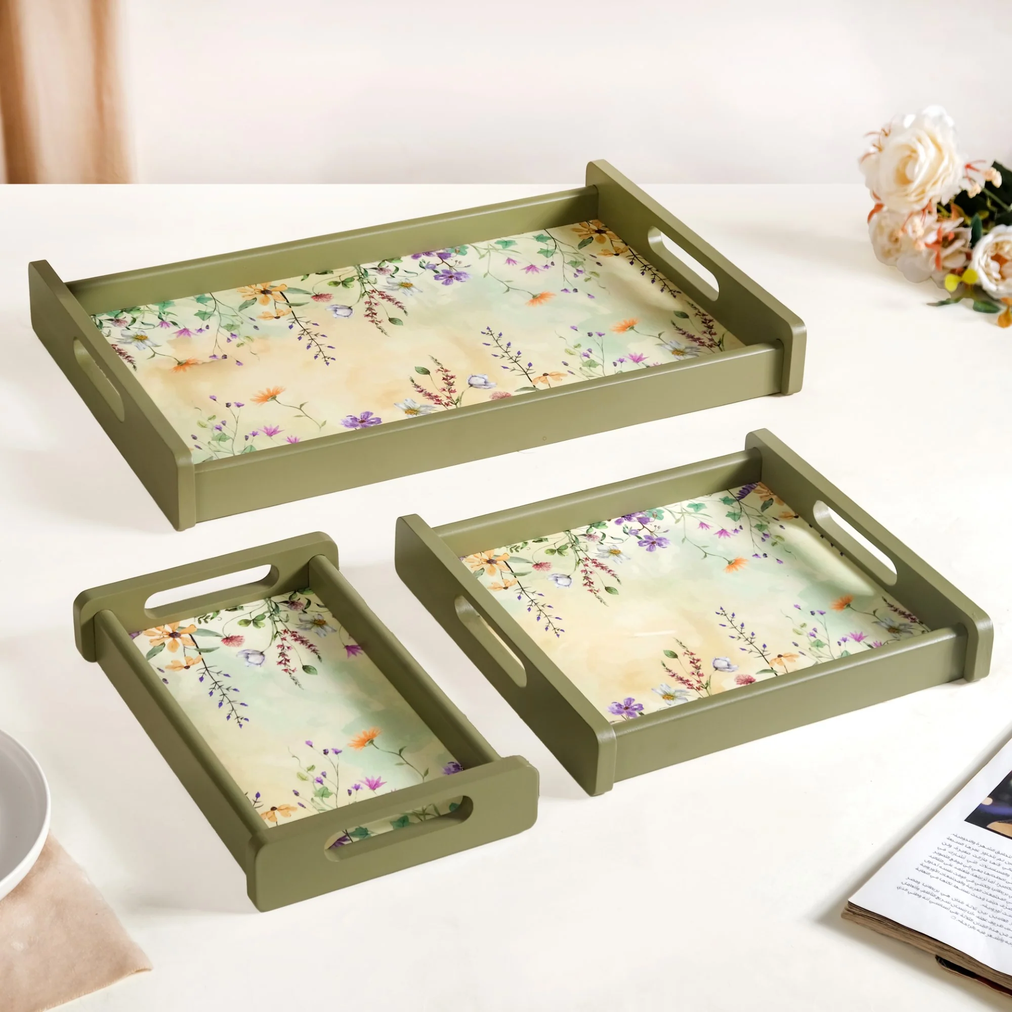 Valley Of Flowers Wooden Serving Tray Set Of 3 - Image 2