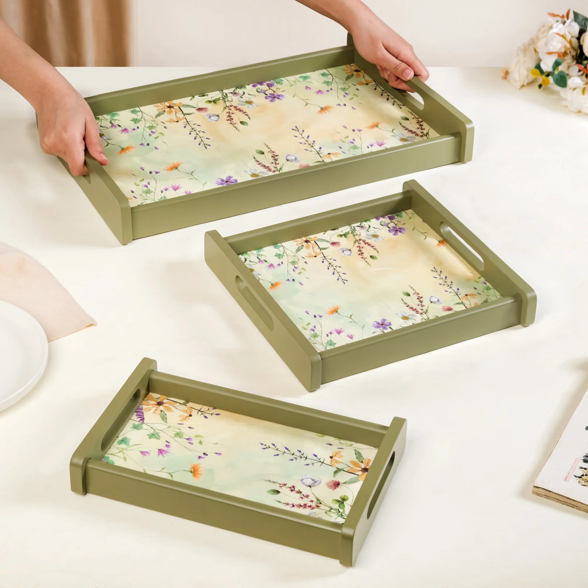 Valley Of Flowers Wooden Serving Tray Set Of 3 - Image 3
