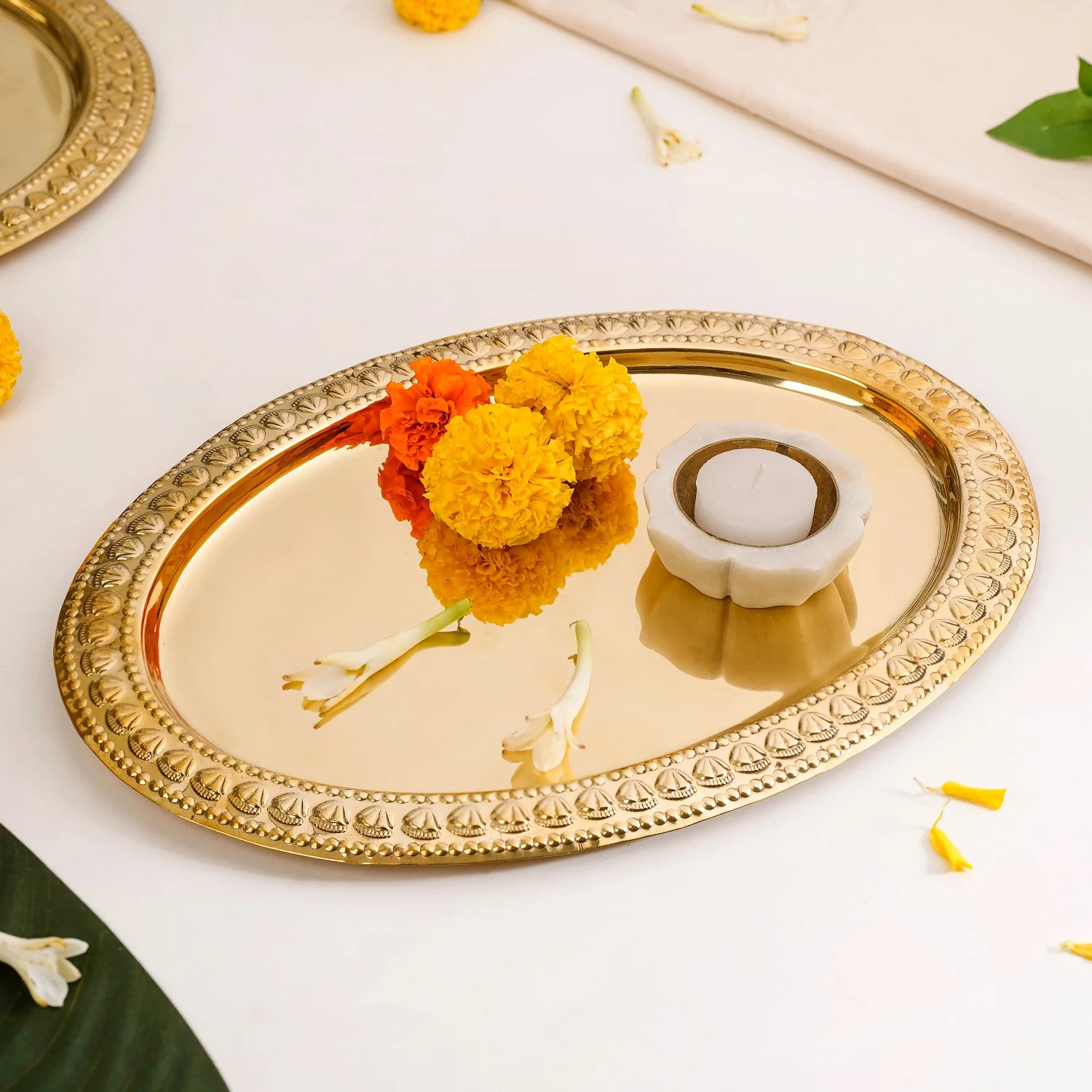 Veda Pure Brass Oval Tray With Embossed Detailing 32x22cm