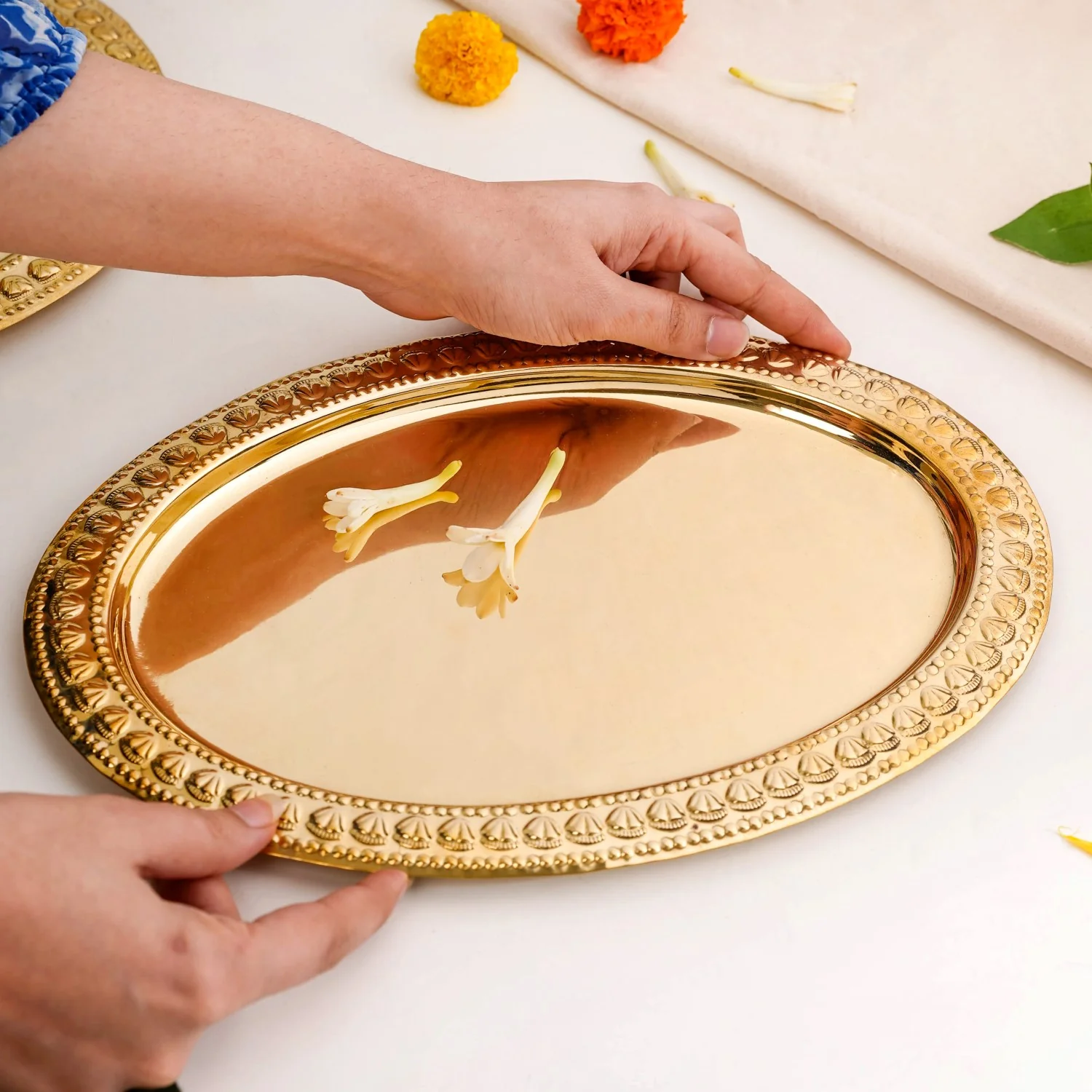 Veda Pure Brass Oval Tray With Embossed Detailing 32x22cm - Image 2