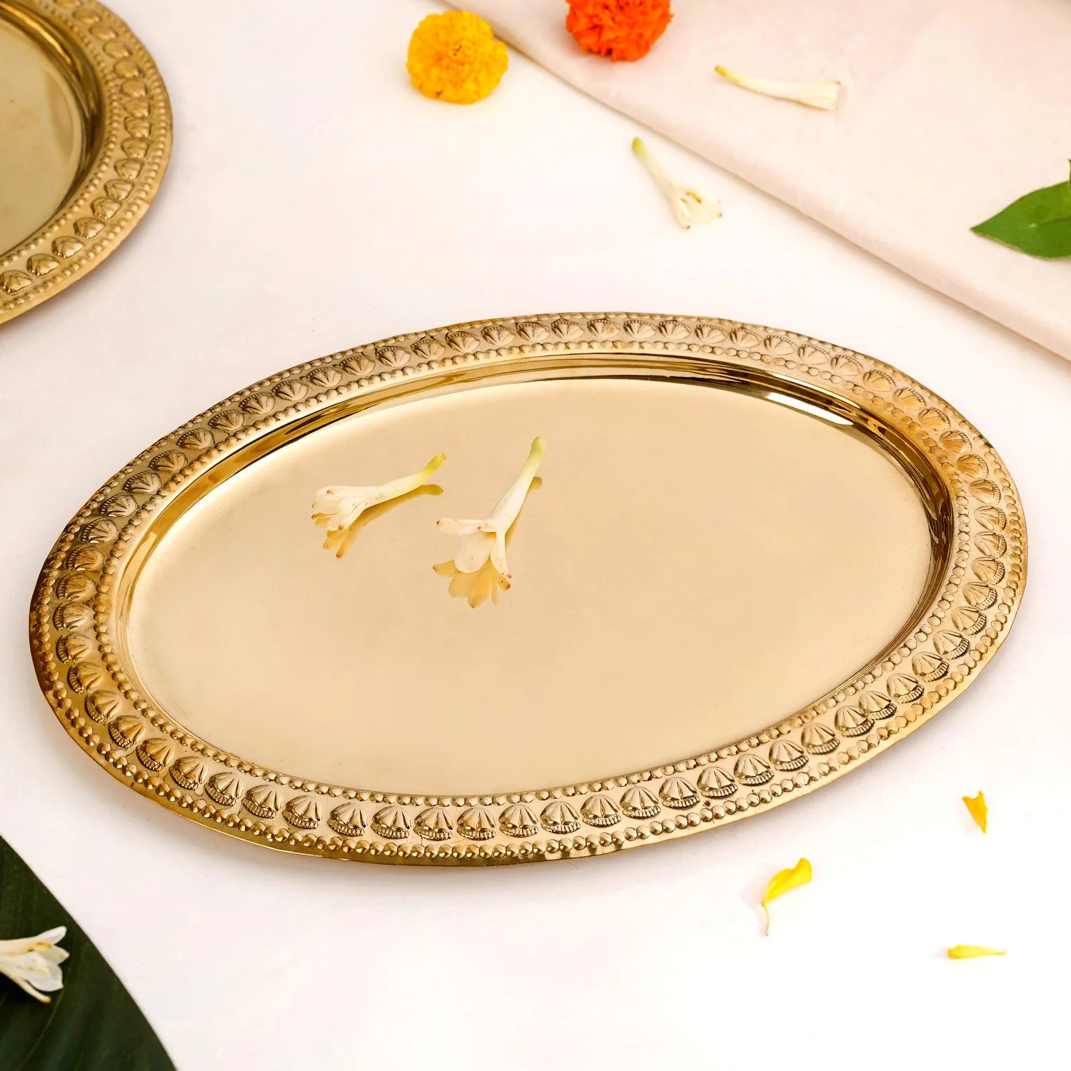 Veda Pure Brass Oval Tray With Embossed Detailing 32x22cm - Image 7