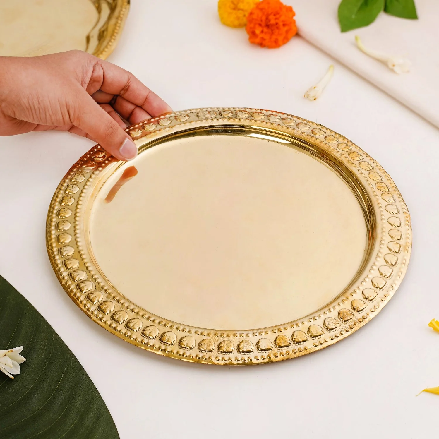 Veda Pure Brass Round Tray With Embossed Design 26cm - Image 2