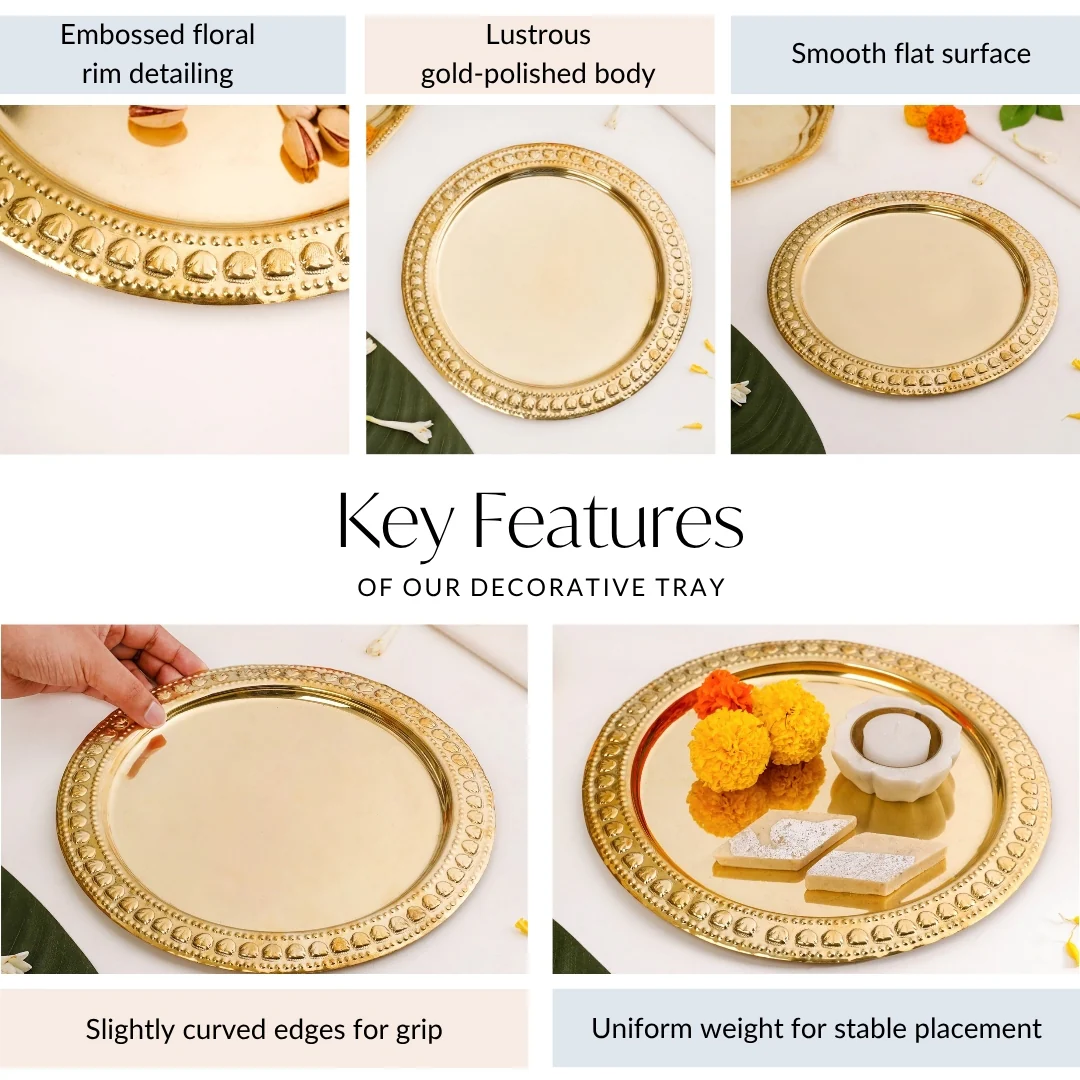 Veda Pure Brass Round Tray With Embossed Design 26cm - Image 4