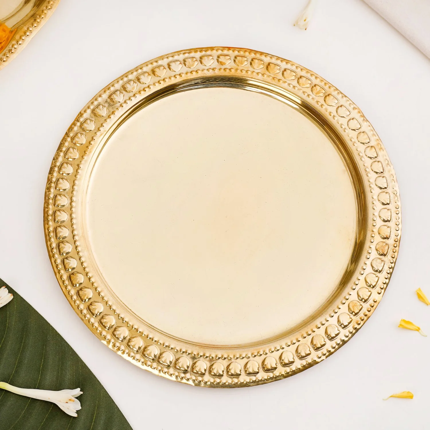 Veda Pure Brass Round Tray With Embossed Design 26cm - Image 5