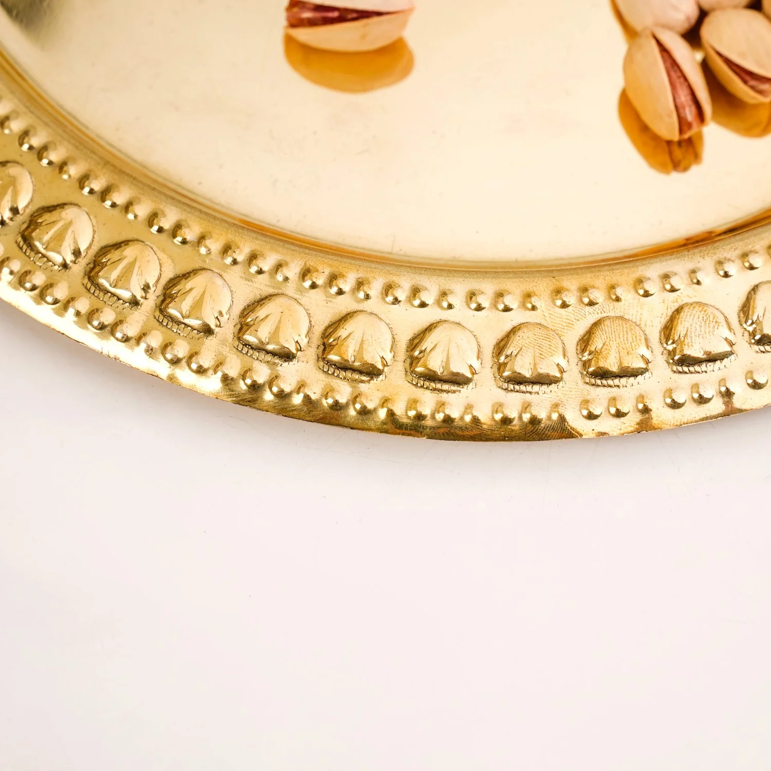Veda Pure Brass Round Tray With Embossed Design 26cm - Image 6