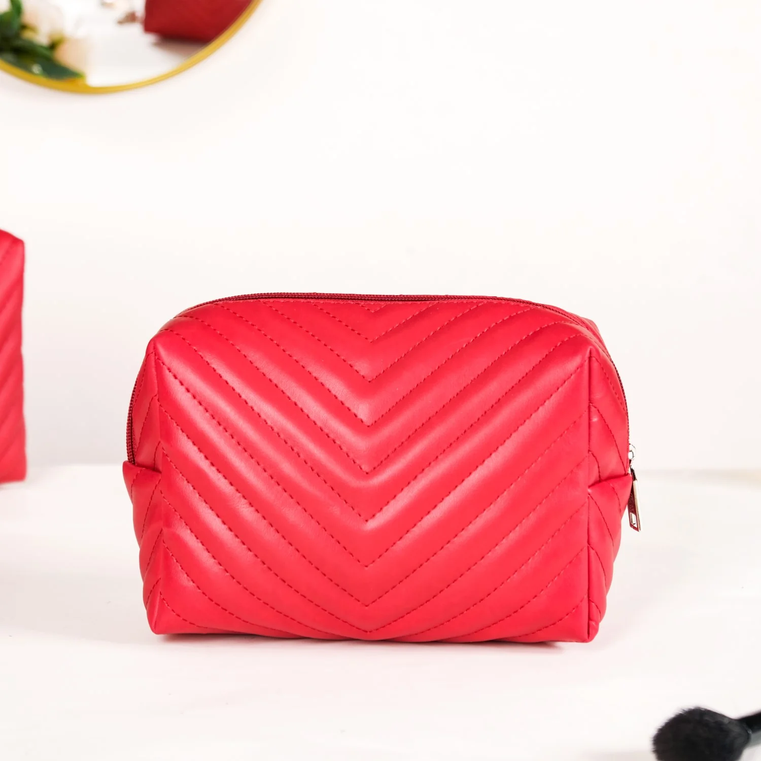 Vegan Leather Makeup Pouch Set Of 2 For Women Red - Image 11