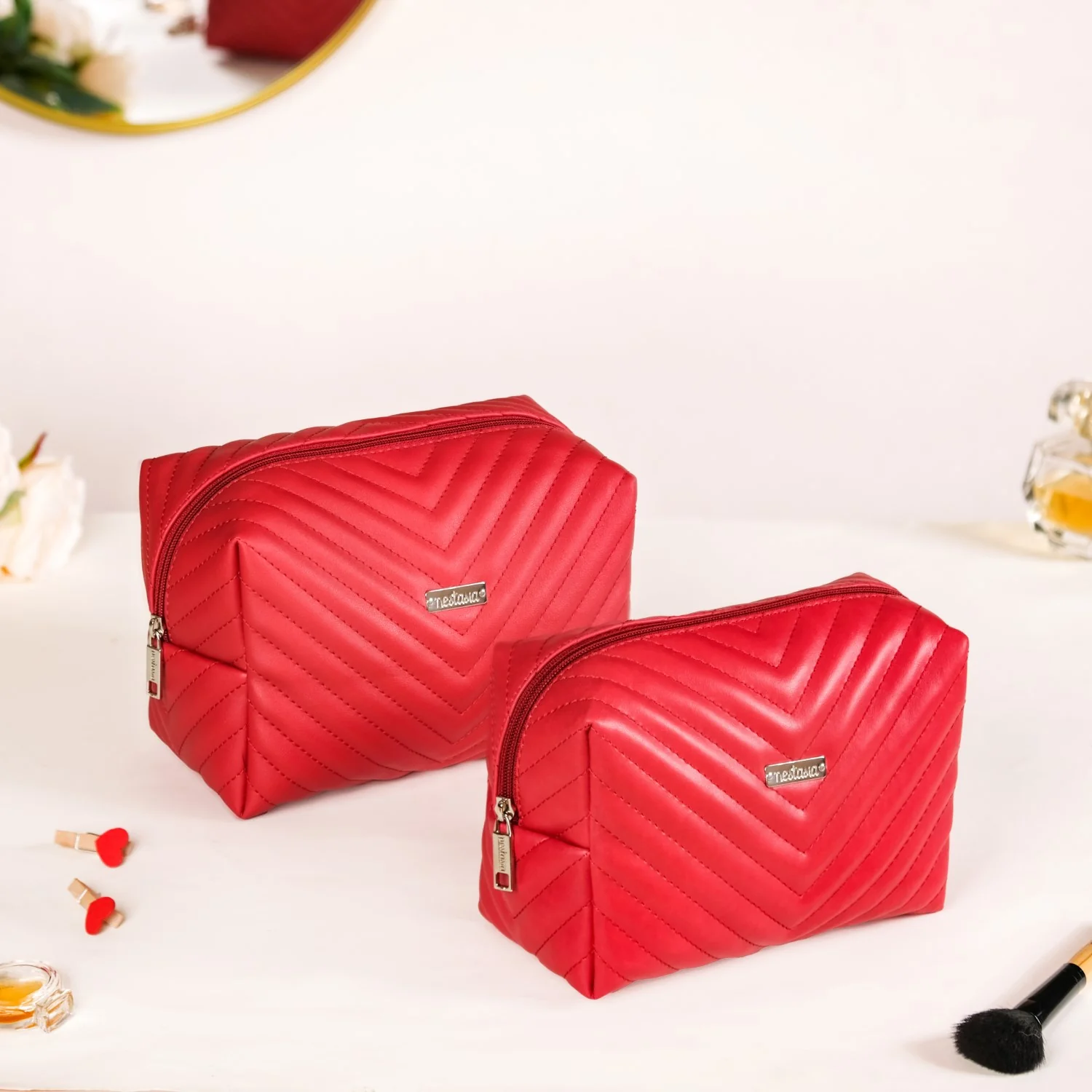 Vegan Leather Makeup Pouch Set Of 2 For Women Red - Image 5