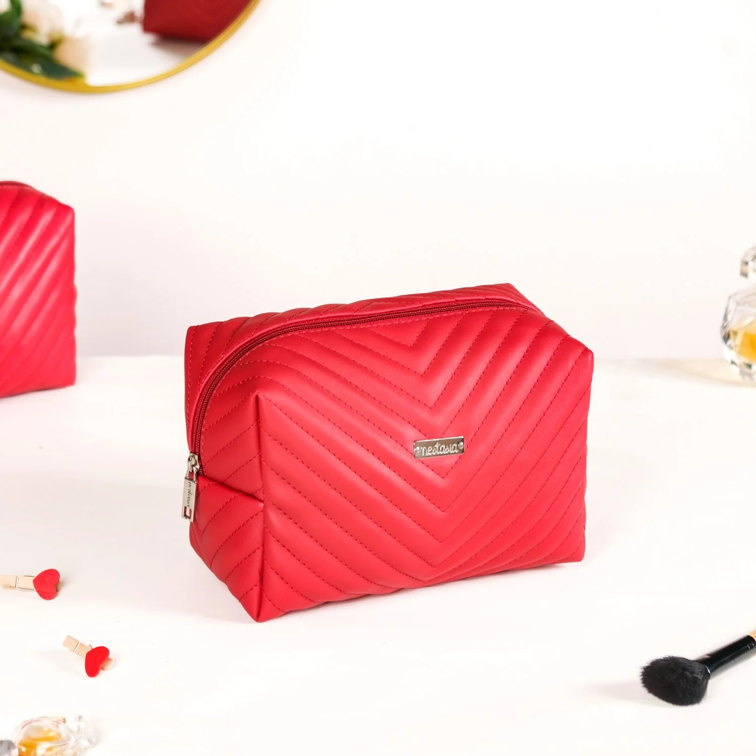Vegan Leather Makeup Pouch Set Of 2 For Women Red - Image 6