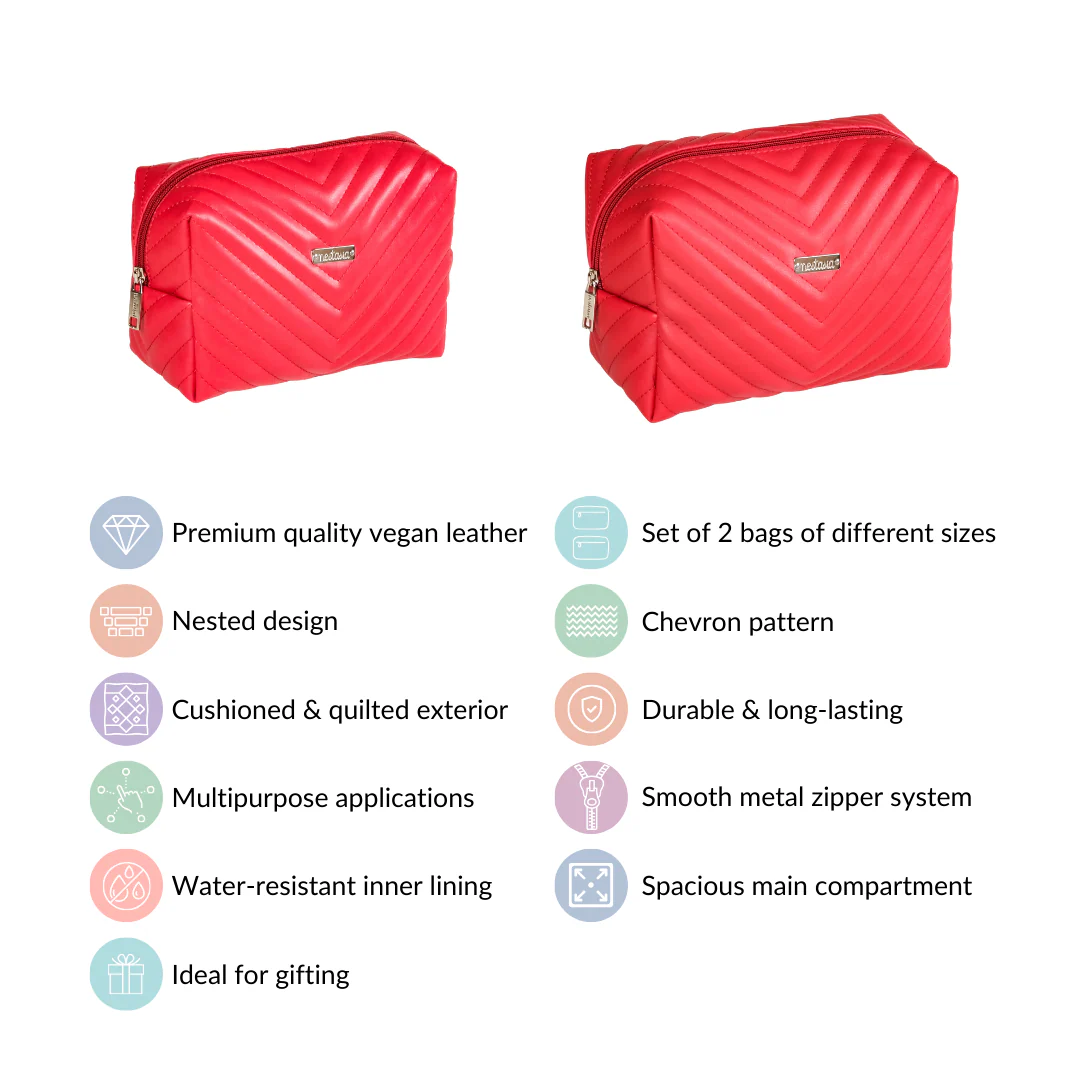 Vegan Leather Makeup Pouch Set Of 2 For Women Red - Image 8