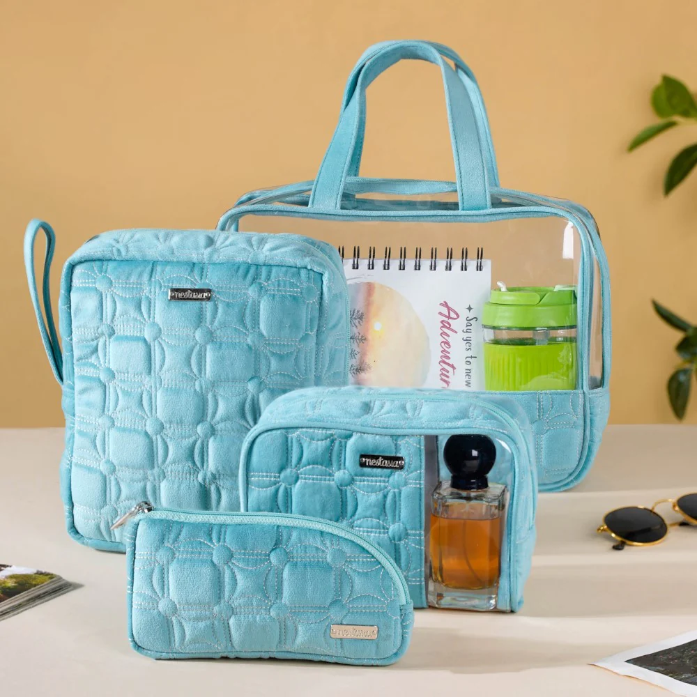 Velvet Travel Pouch Set of 4 Blue