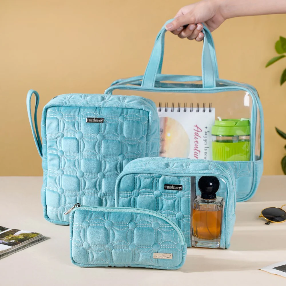 Velvet Travel Pouch Set of 4 Blue - Image 2