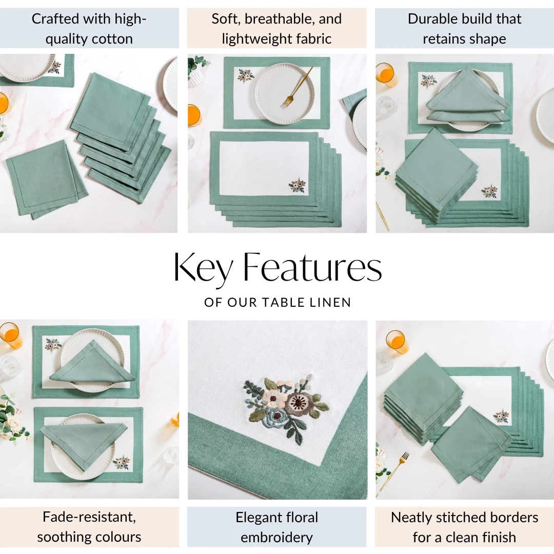 Ventosa Cotton Table Mat And Napkin Set Of 12 In Teal - Image 4