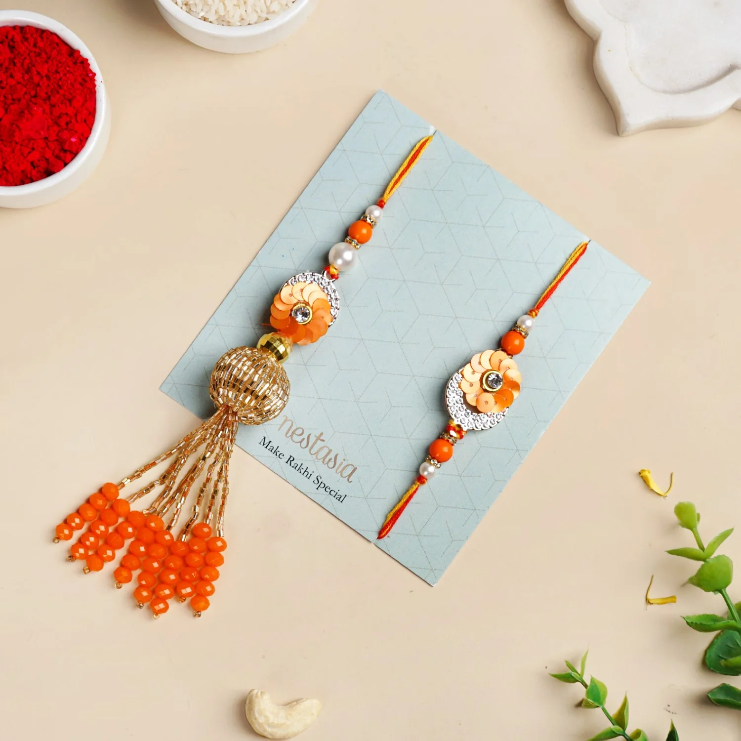 Vibrant Coloured Rakhi Lumba Set For Brother And Bhabhi - Image 6