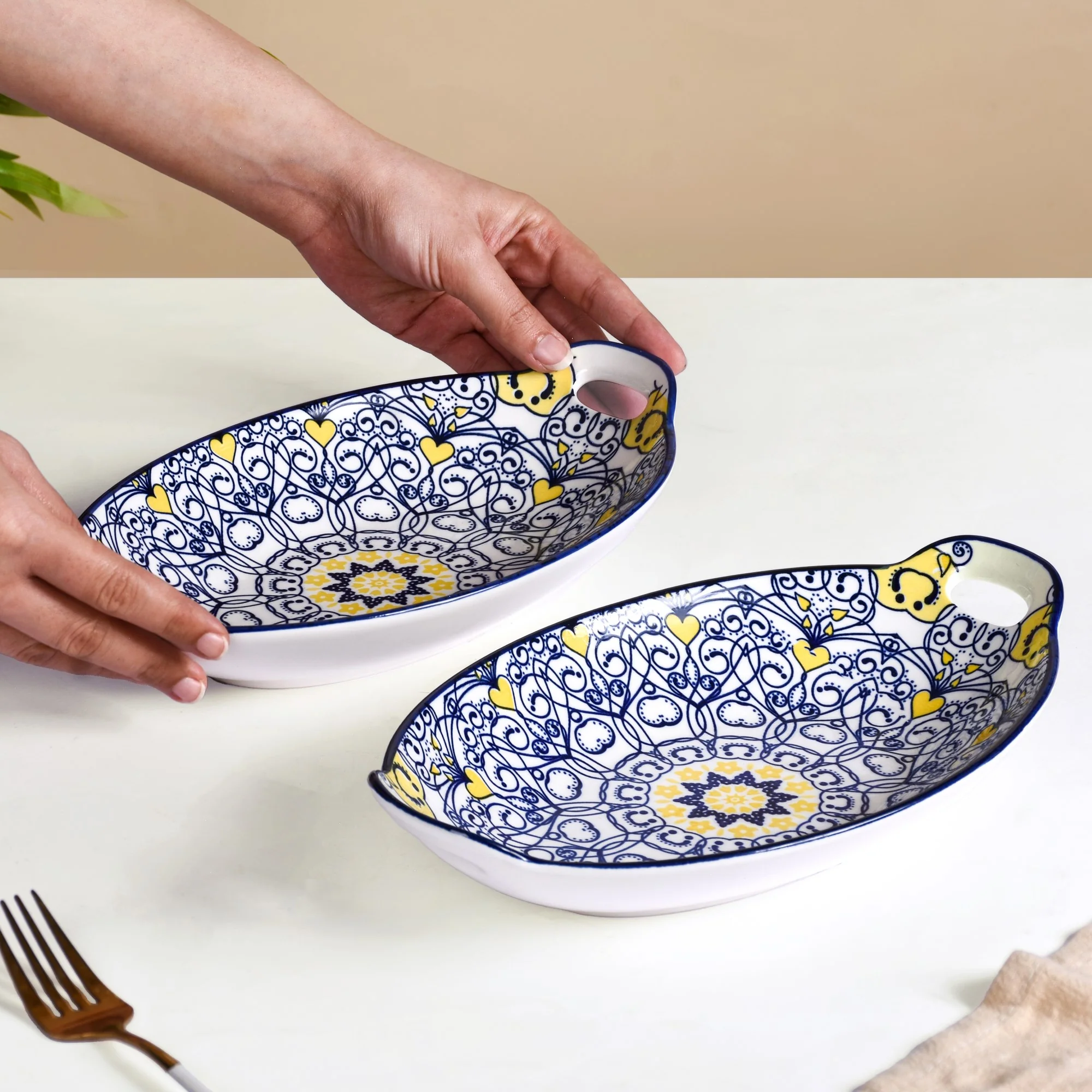 Vibrant Mandala Platter Yellow And Blue Set Of 2 - Image 2